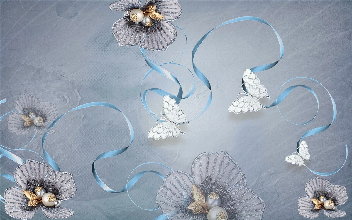 Carta da parati Farfalle e fiori bianchi come la neve decorati con perle