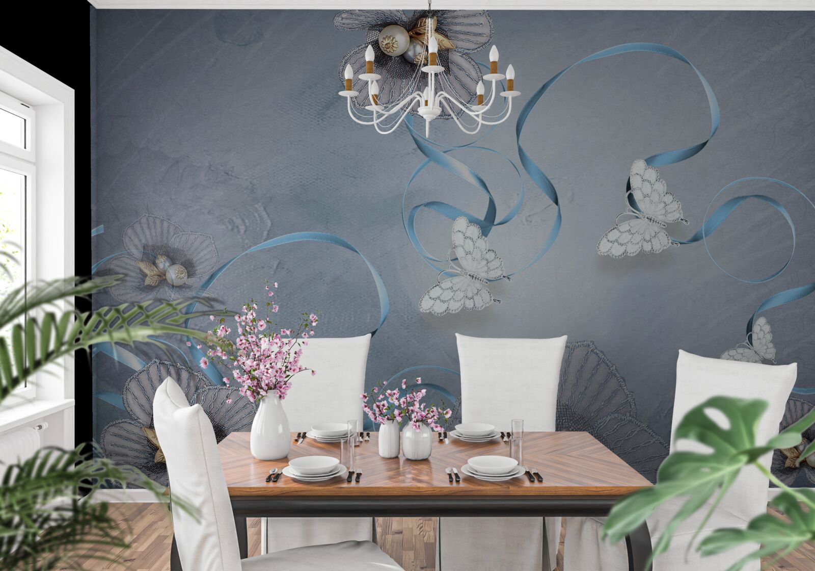 Carta da parati Farfalle e fiori bianchi come la neve decorati con perle