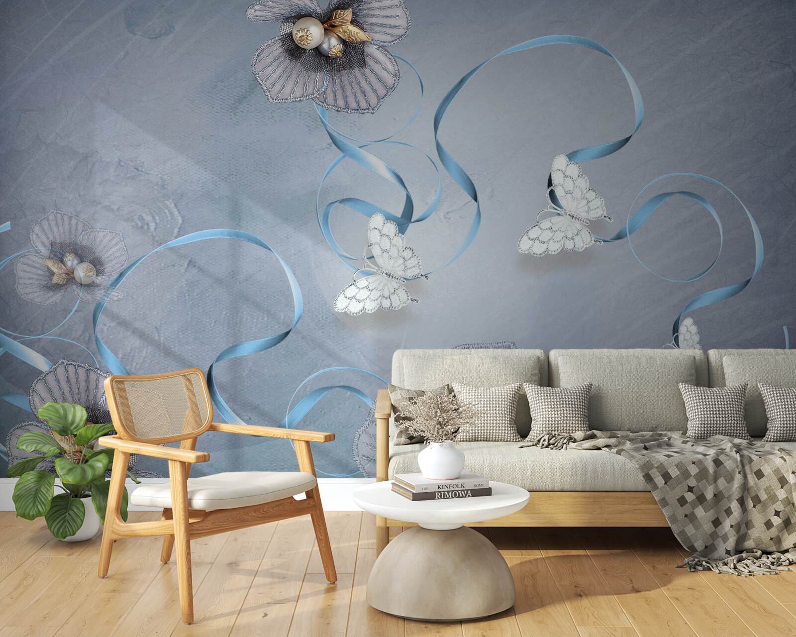 Carta da parati Farfalle e fiori bianchi come la neve decorati con perle