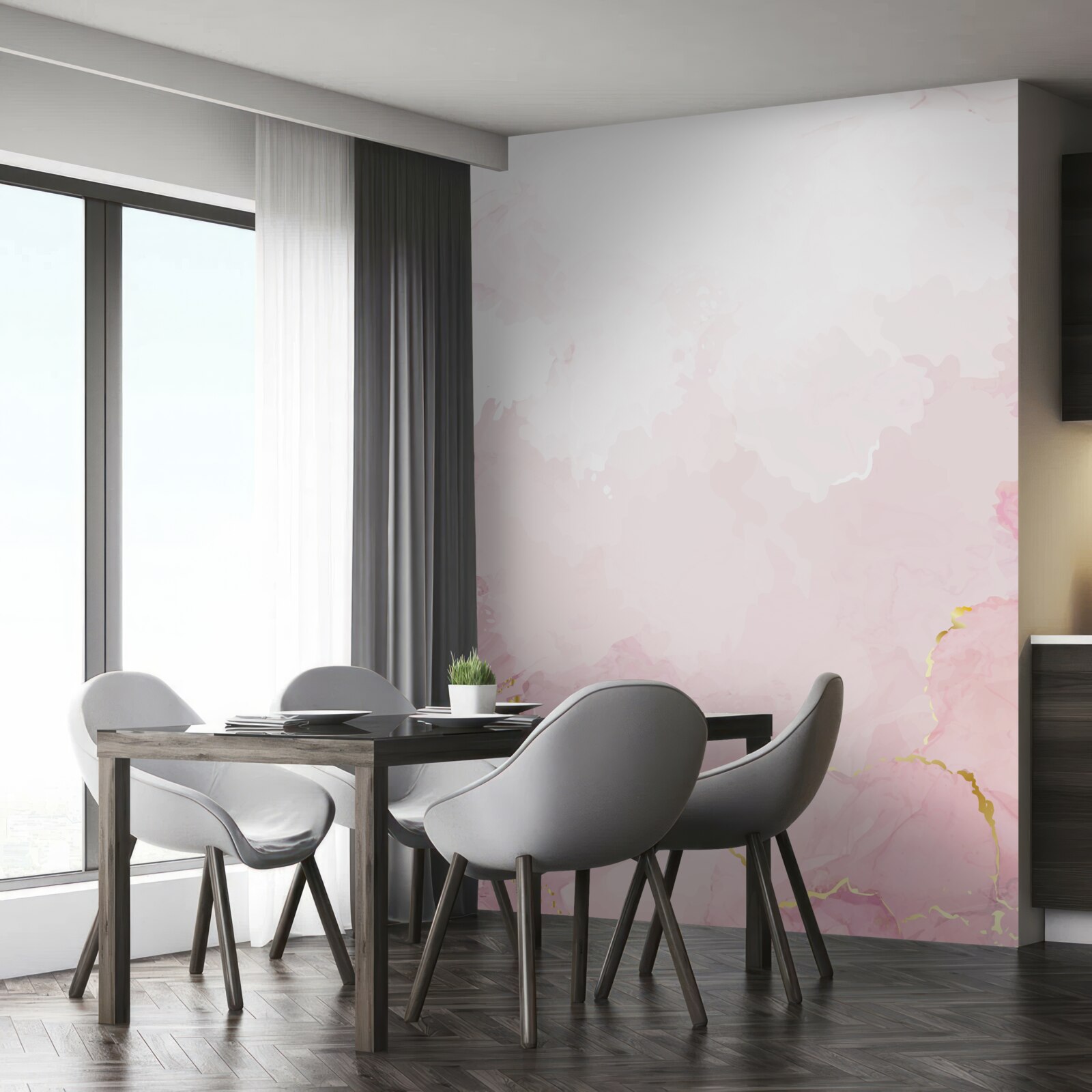 Carta da parati marmo rosa con elementi in oro