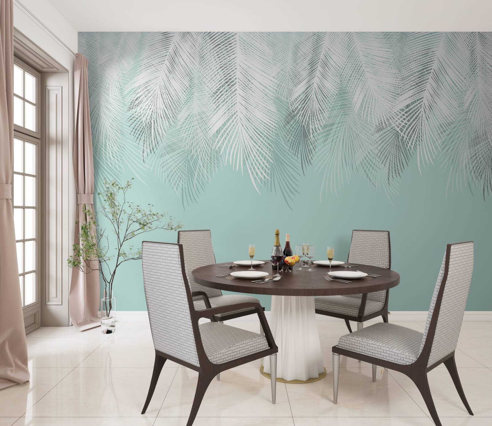 Carta da parati le foglie di palma sono bianche su sfondo turchese