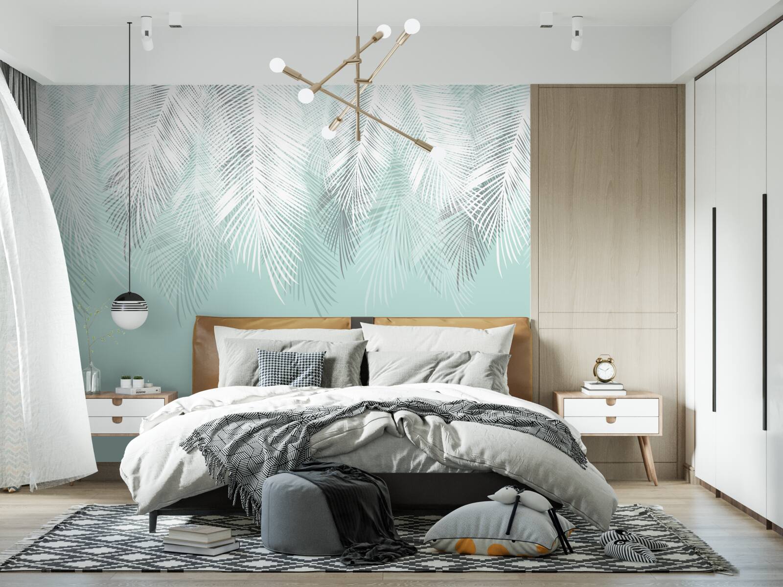 Carta da parati le foglie di palma sono bianche su sfondo turchese