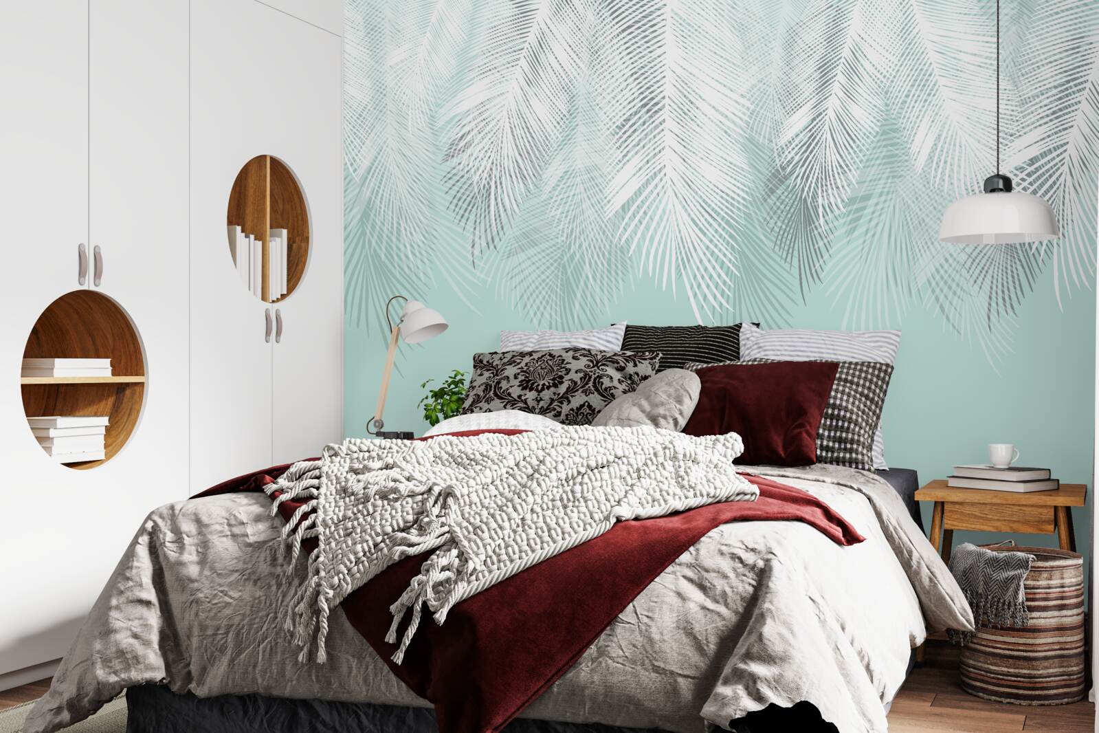 Carta da parati le foglie di palma sono bianche su sfondo turchese