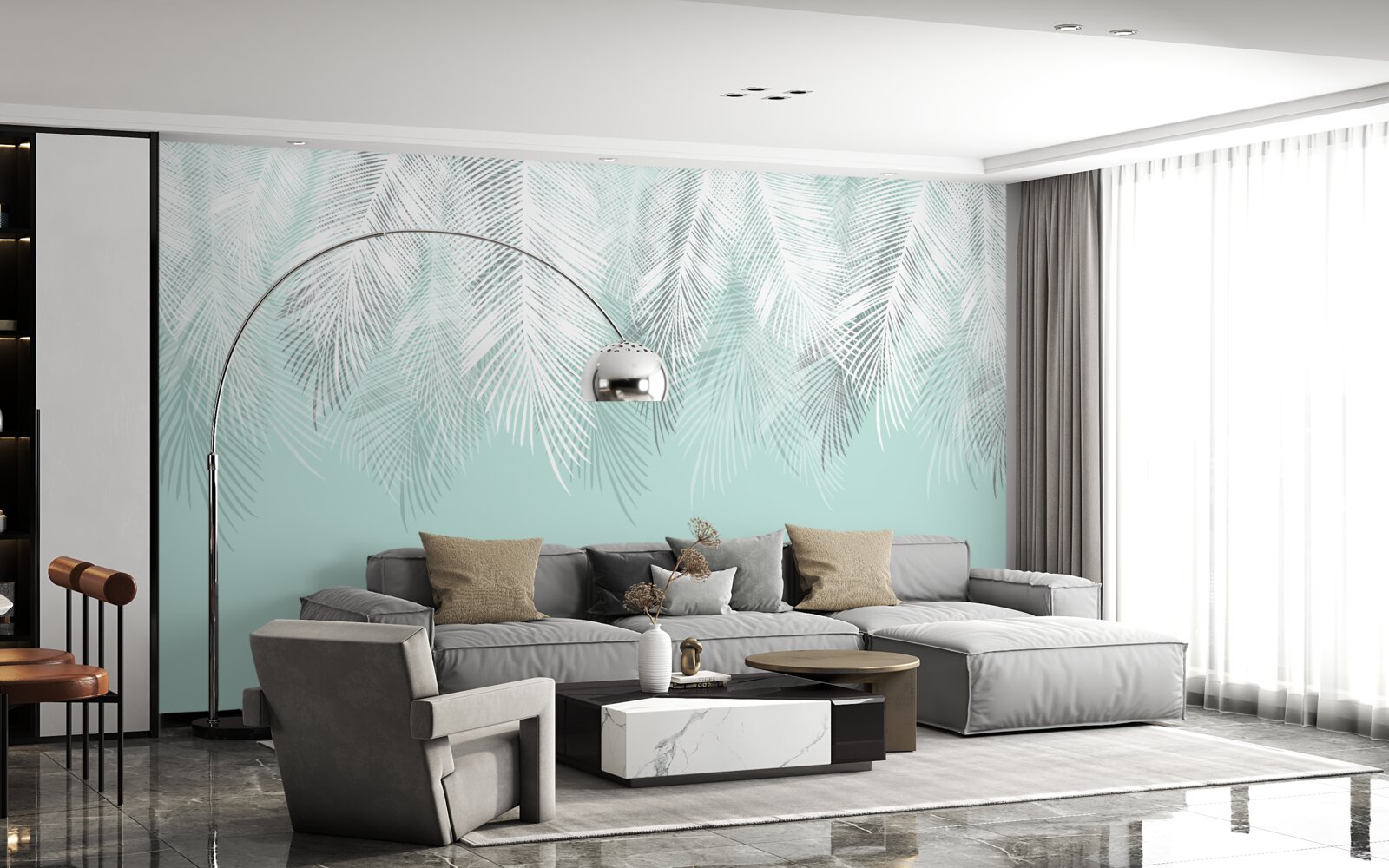 Carta da parati le foglie di palma sono bianche su sfondo turchese