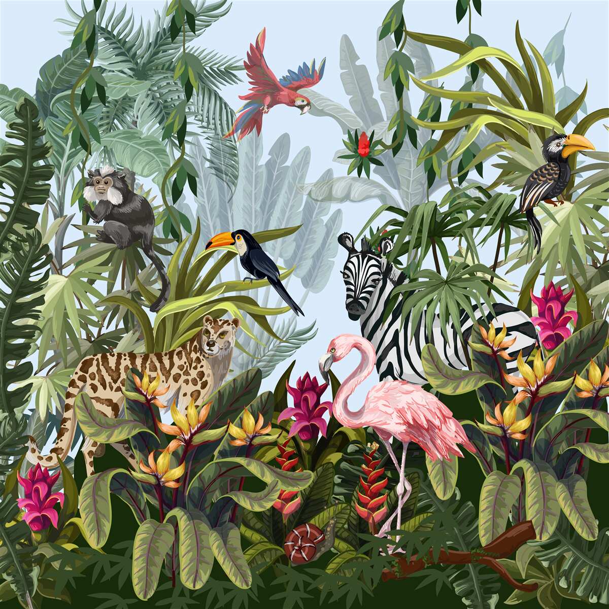 Carta da parati vegetazione diurna e fauna della giungla