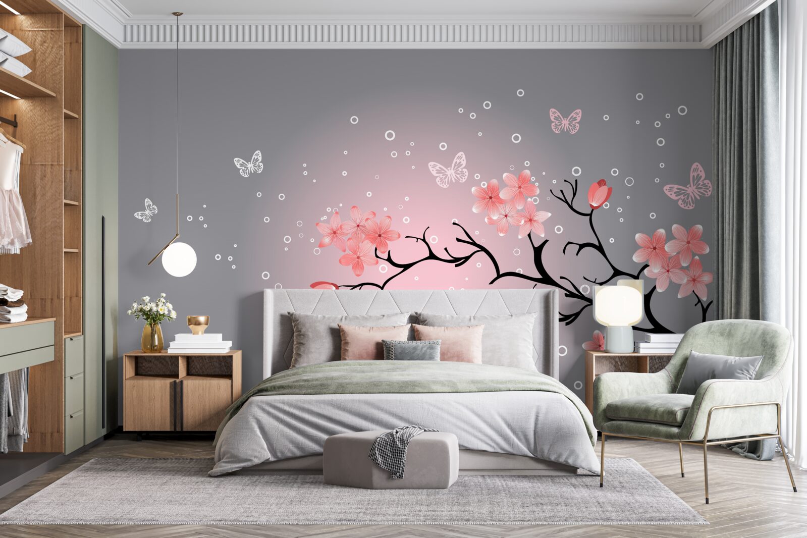 Carta da parati farfalle e un ramo di sakura