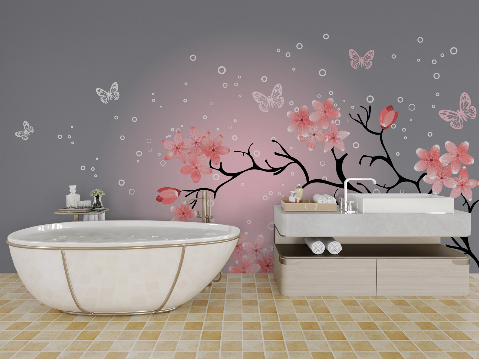 Carta da parati farfalle e un ramo di sakura