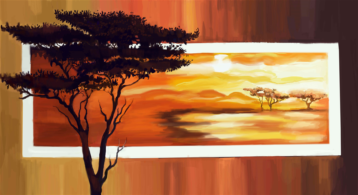Carta da parati lago al tramonto con bonsai