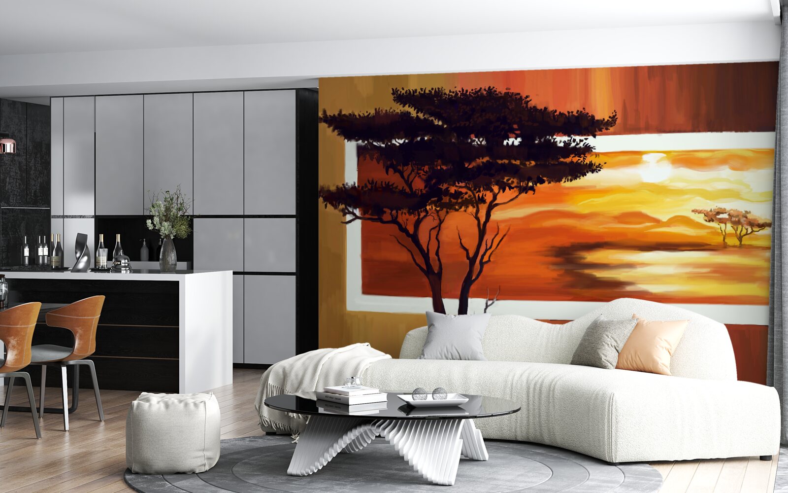 Carta da parati lago al tramonto con bonsai
