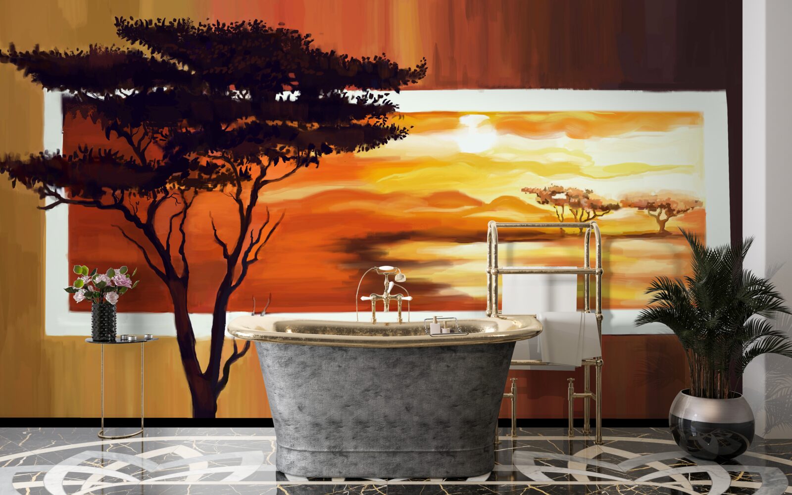 Carta da parati lago al tramonto con bonsai