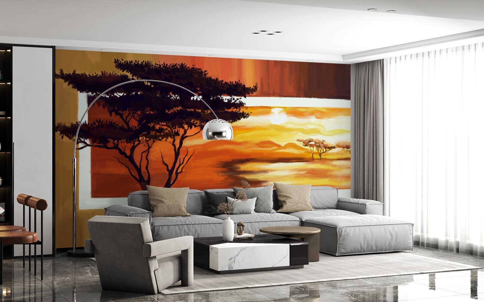 Carta da parati lago al tramonto con bonsai