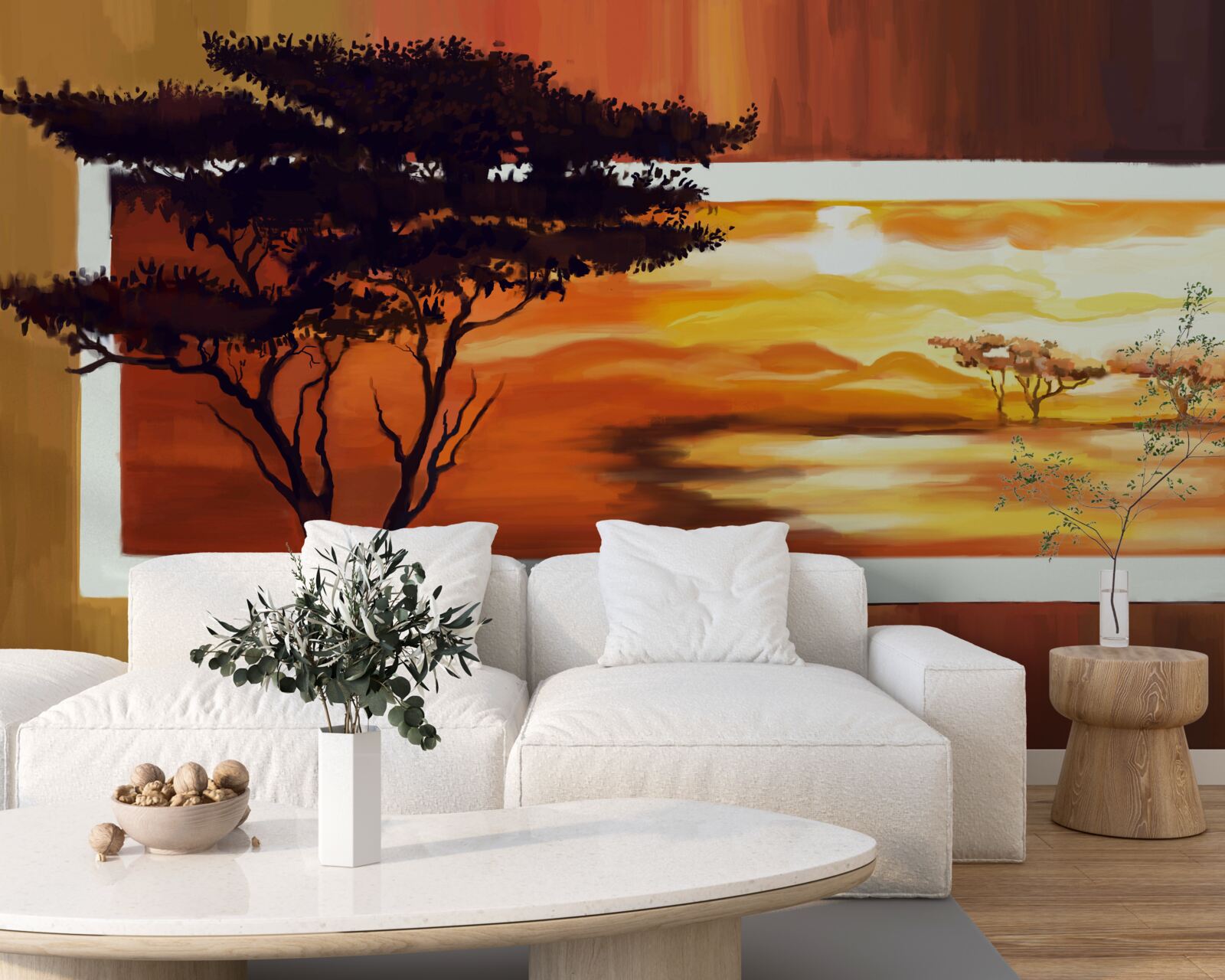 Carta da parati lago al tramonto con bonsai