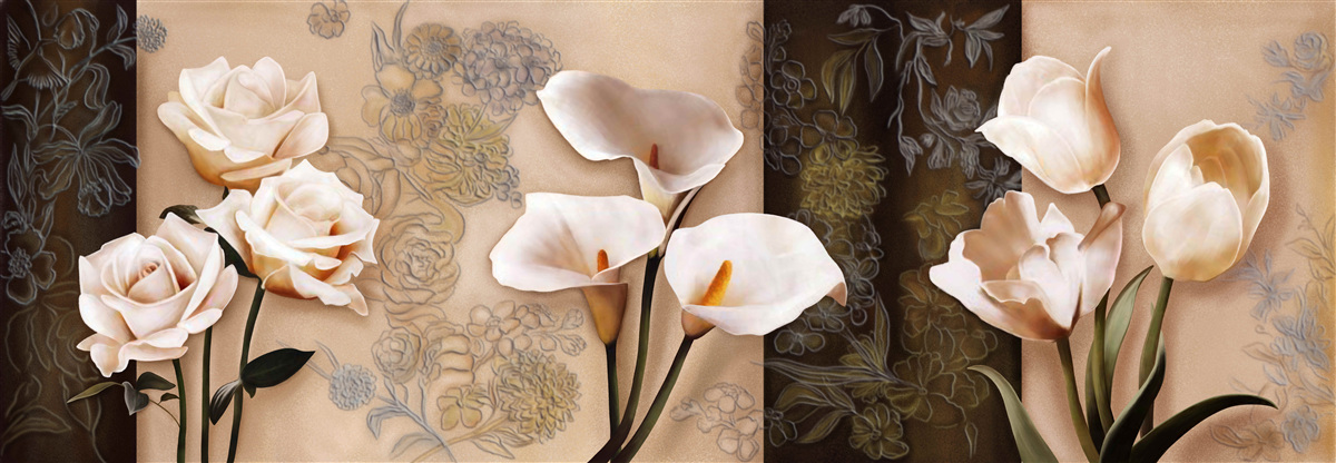 Carta da parati tulipani, calle e rose in beige
