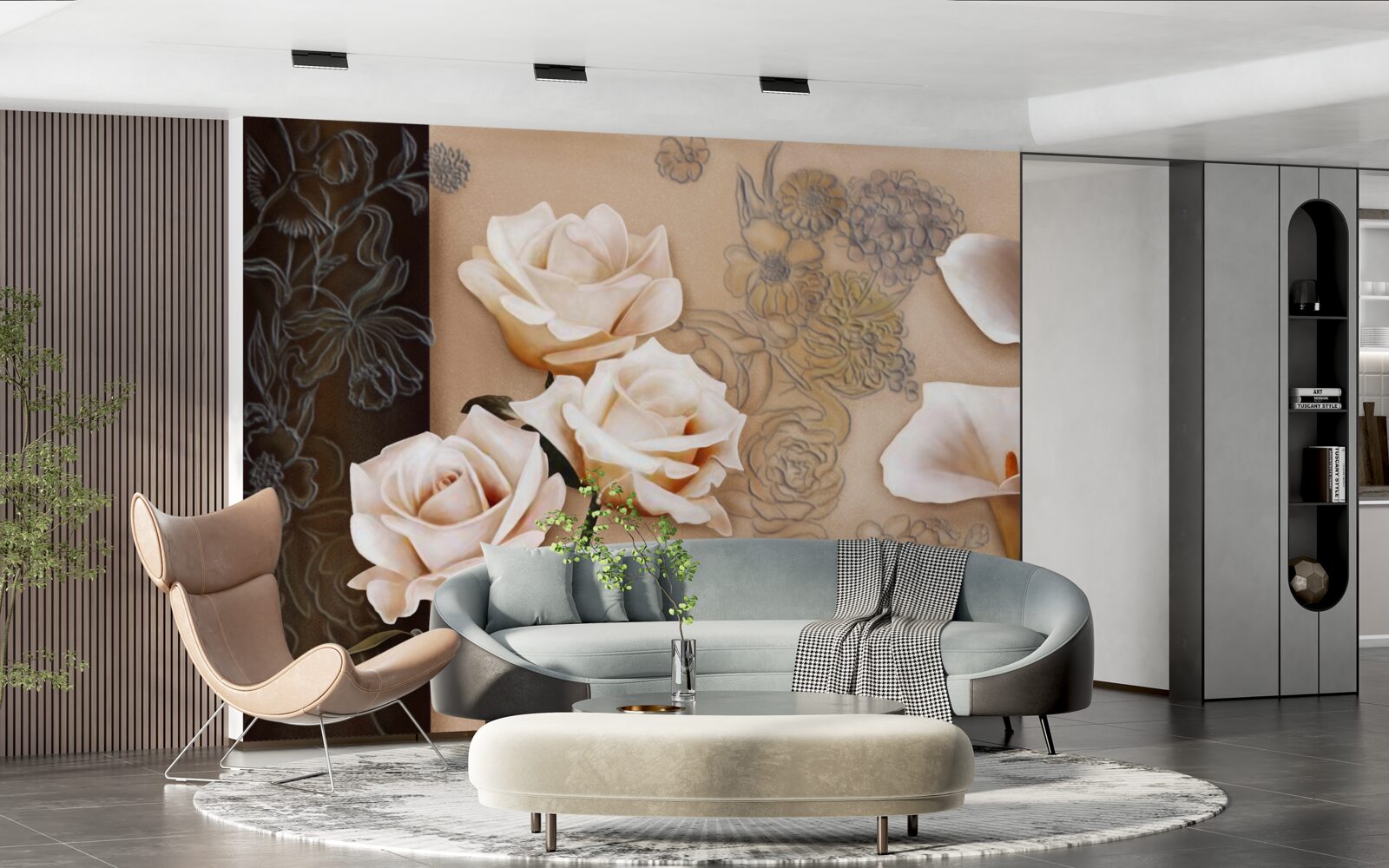 Carta da parati tulipani, calle e rose in beige