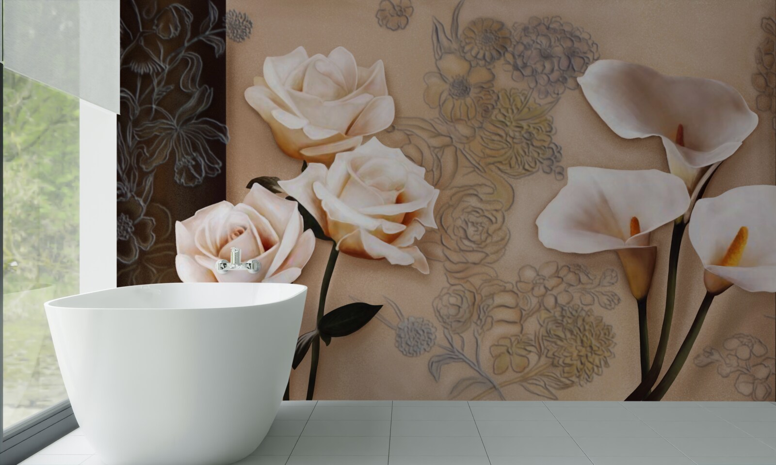 Carta da parati tulipani, calle e rose in beige