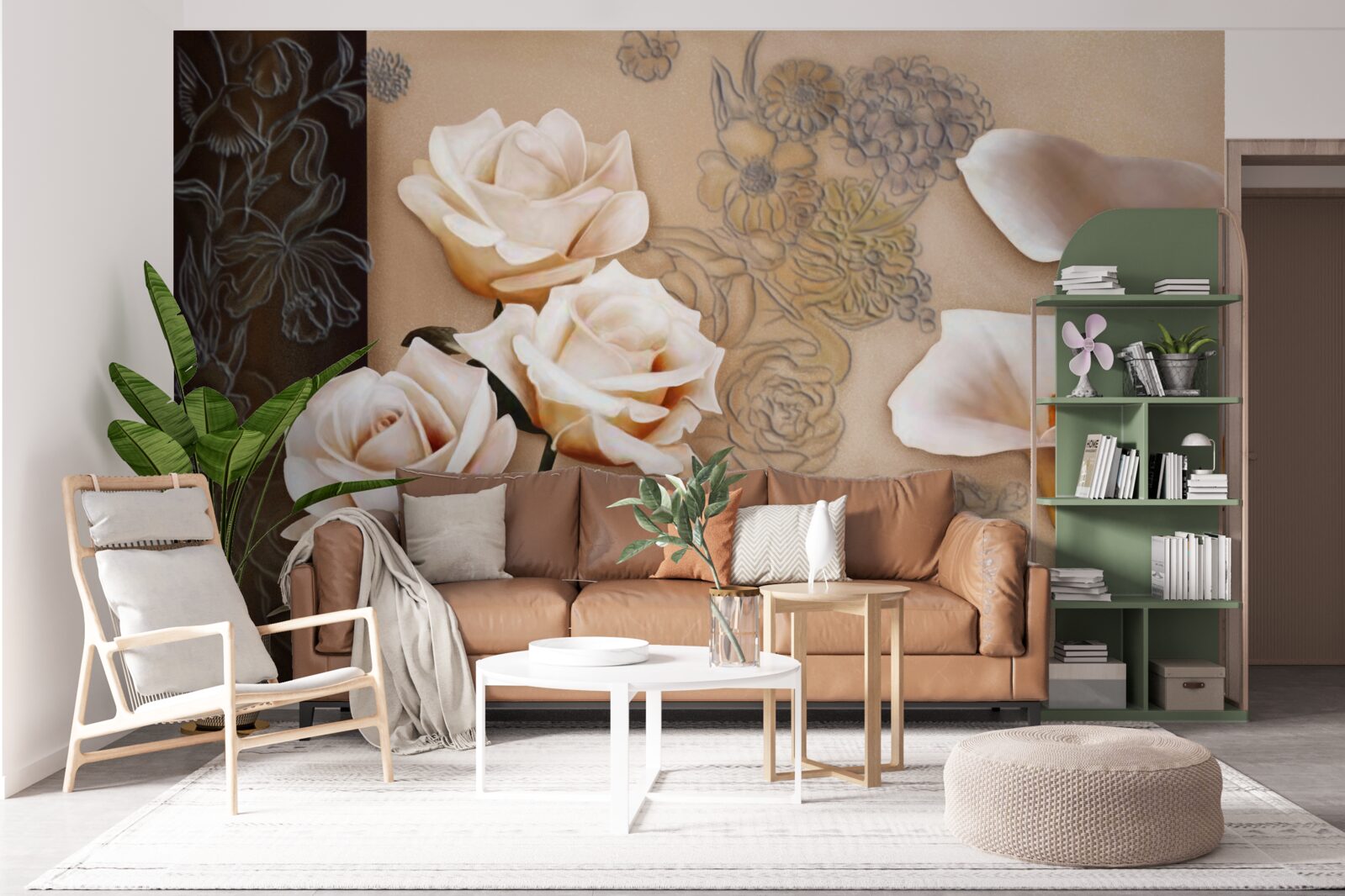 Carta da parati tulipani, calle e rose in beige