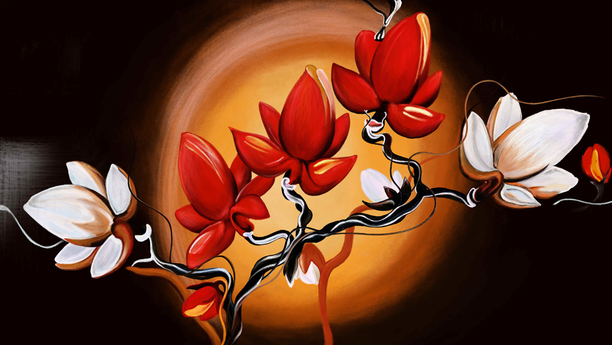 Carta da parati tronco di magnolia, dipinto nei toni del bianco e del rosso