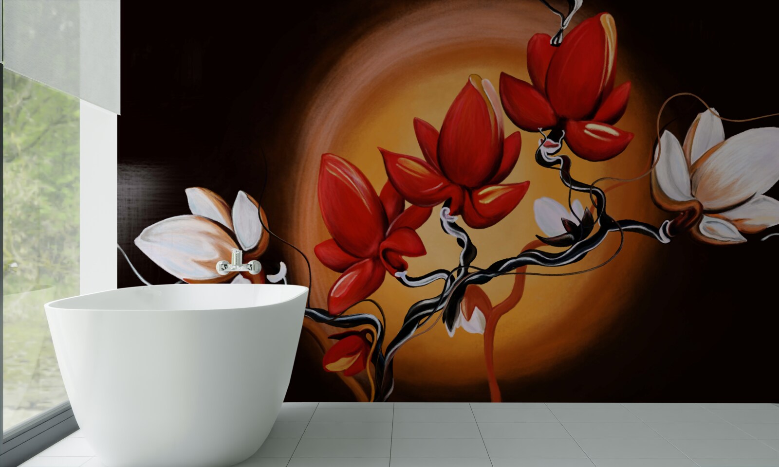 Carta da parati tronco di magnolia, dipinto nei toni del bianco e del rosso