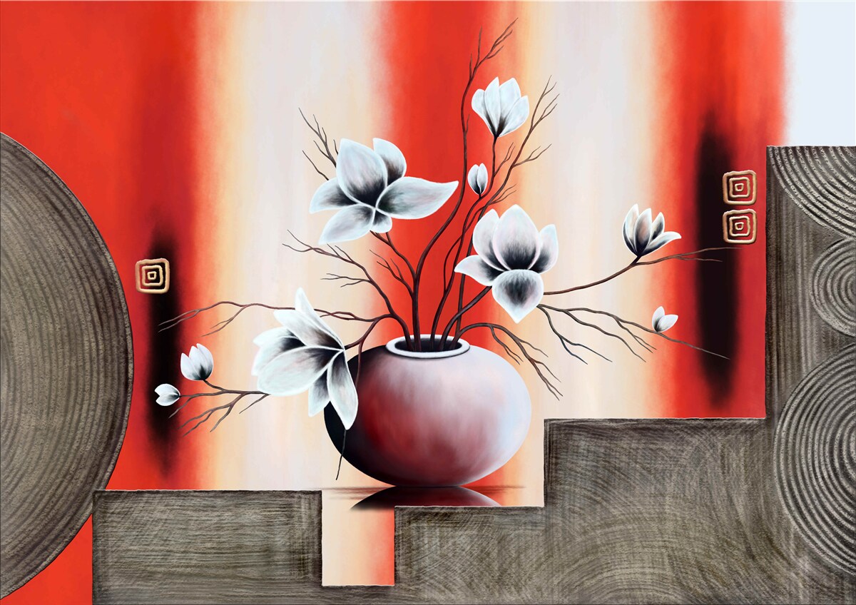 Carta da parati vaso rosso con delicati fiori bianchi