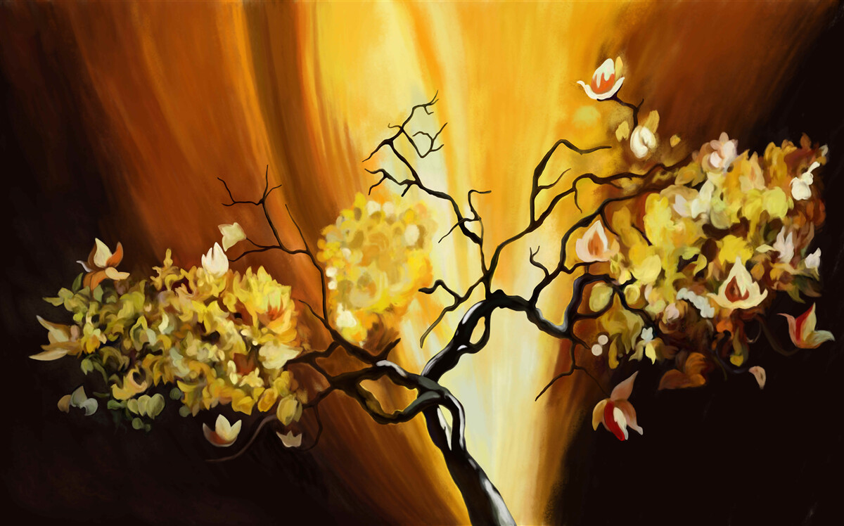 Carta da parati albero in fiore sul bordo del tramonto
