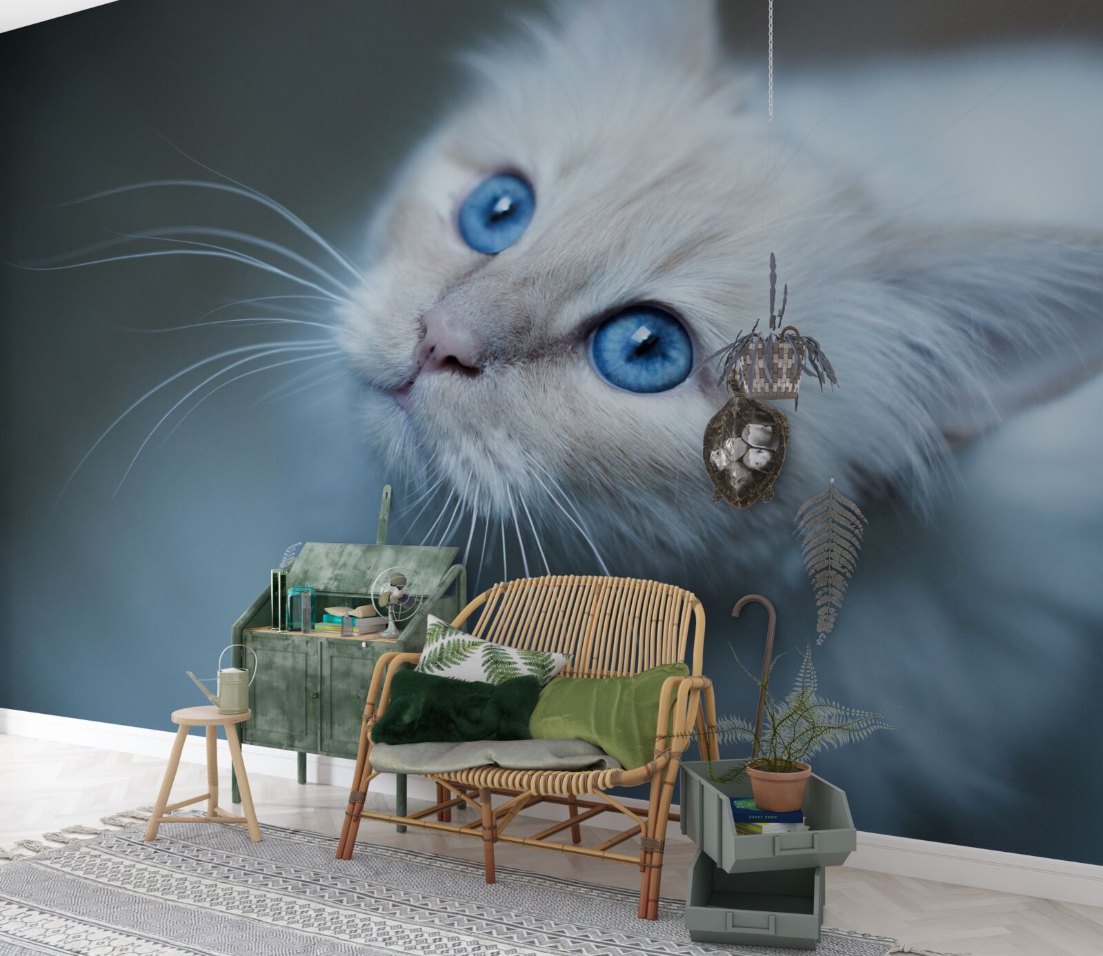 Carta da parati gattino con pelo bianco e occhi blu
