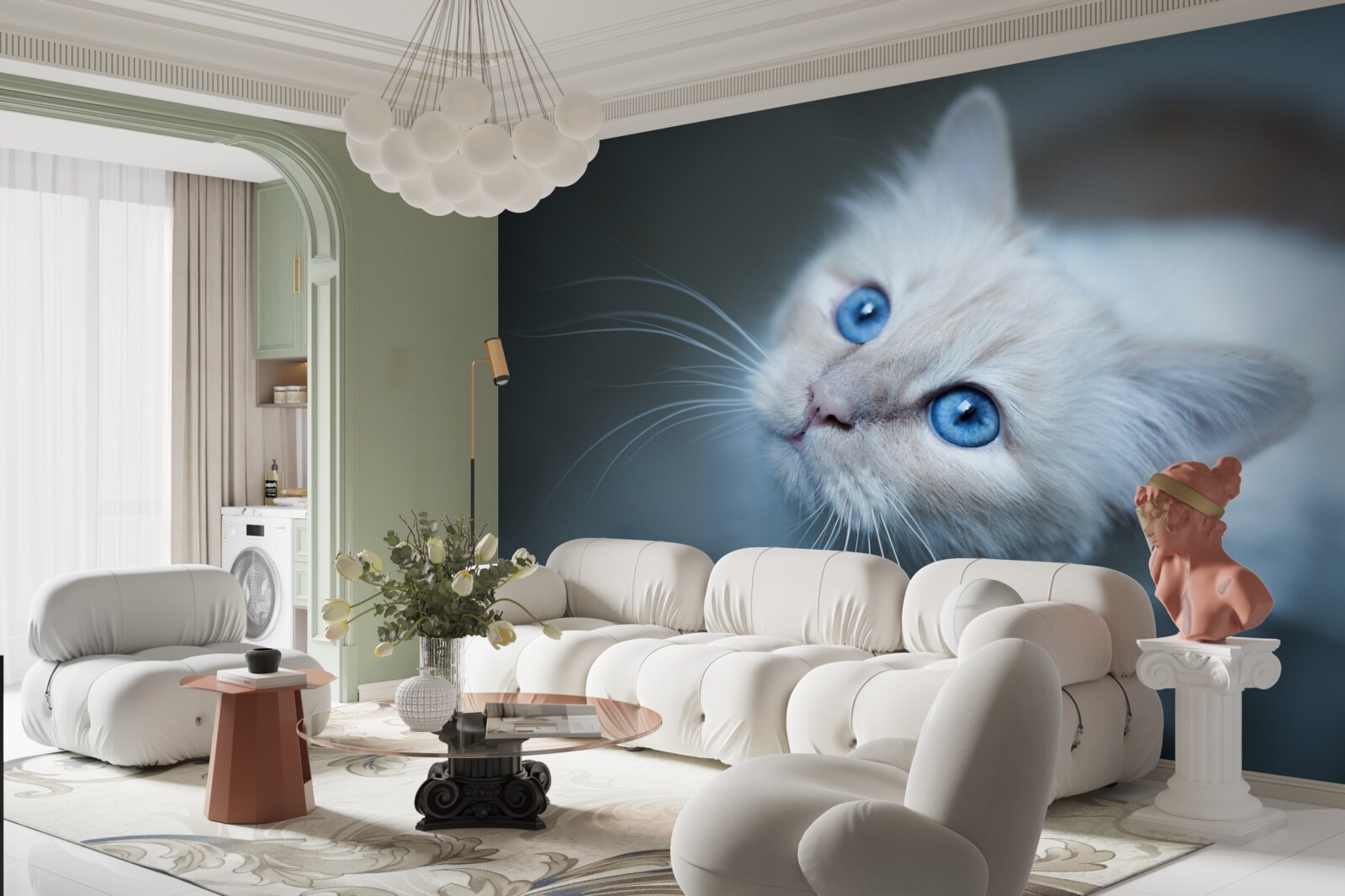 Carta da parati gattino con pelo bianco e occhi blu