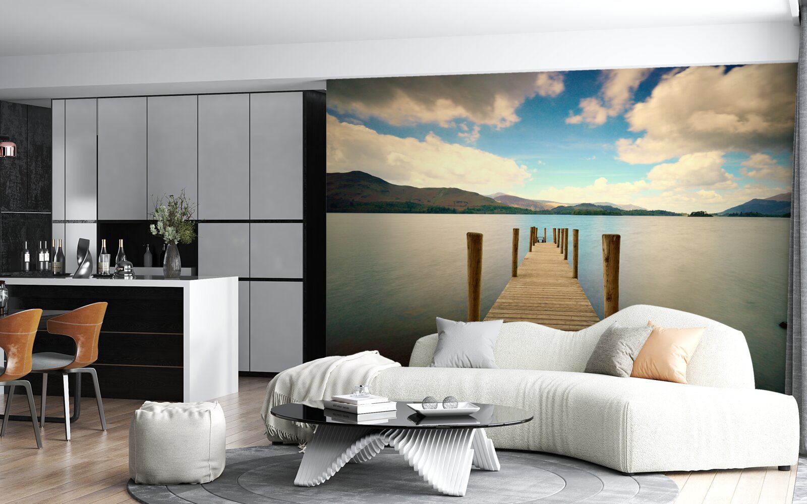 Carta da parati molo in legno sulla costa
