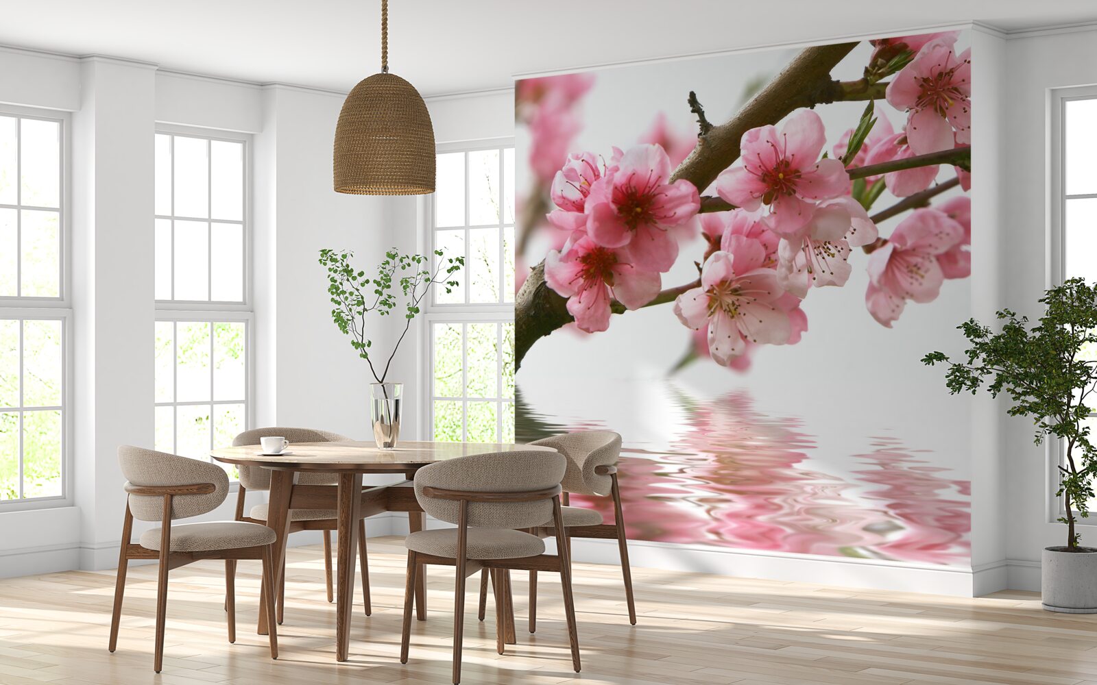 Carta da parati ramo di sakura rosa sospeso sull'acqua