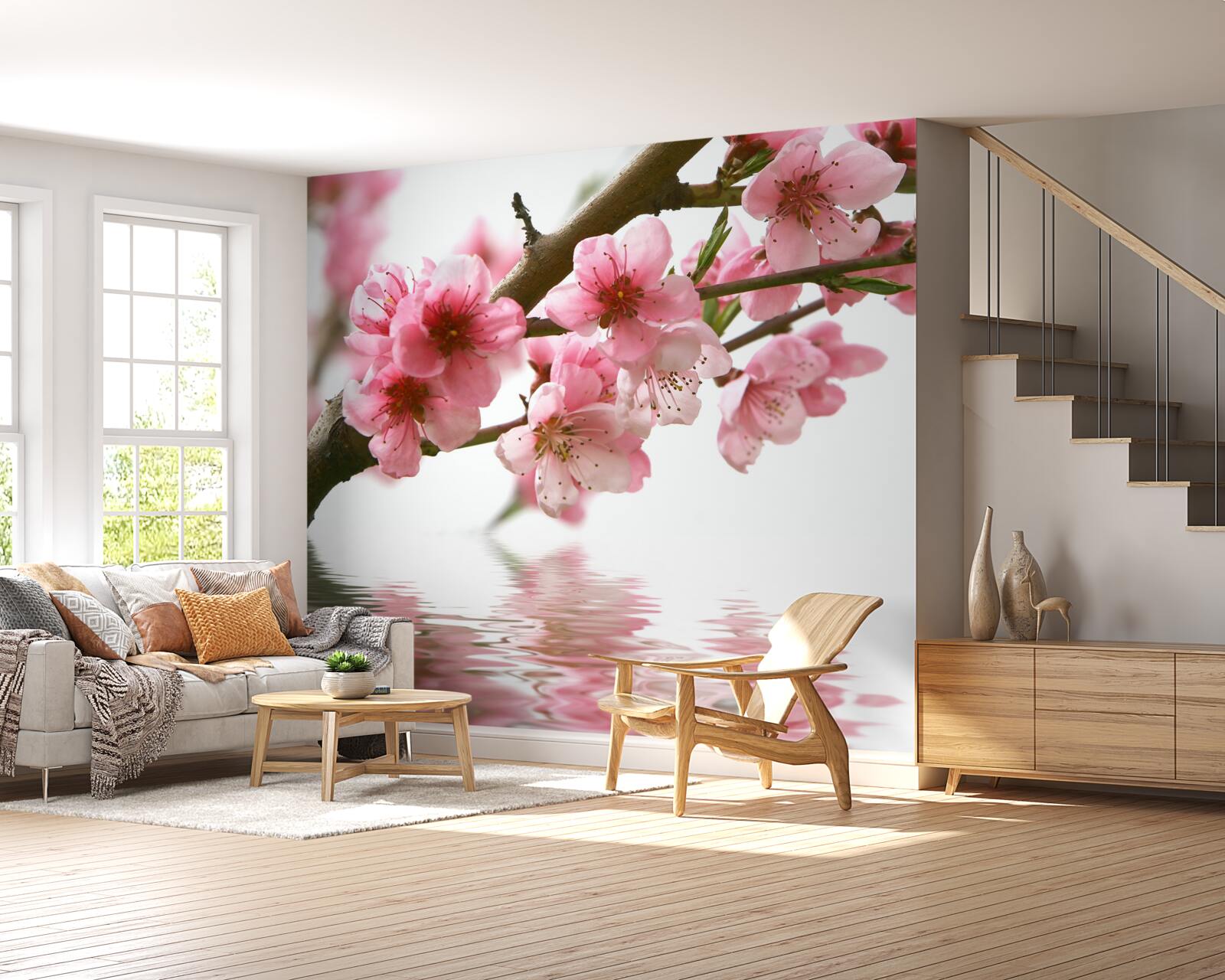 Carta da parati ramo di sakura rosa sospeso sull'acqua