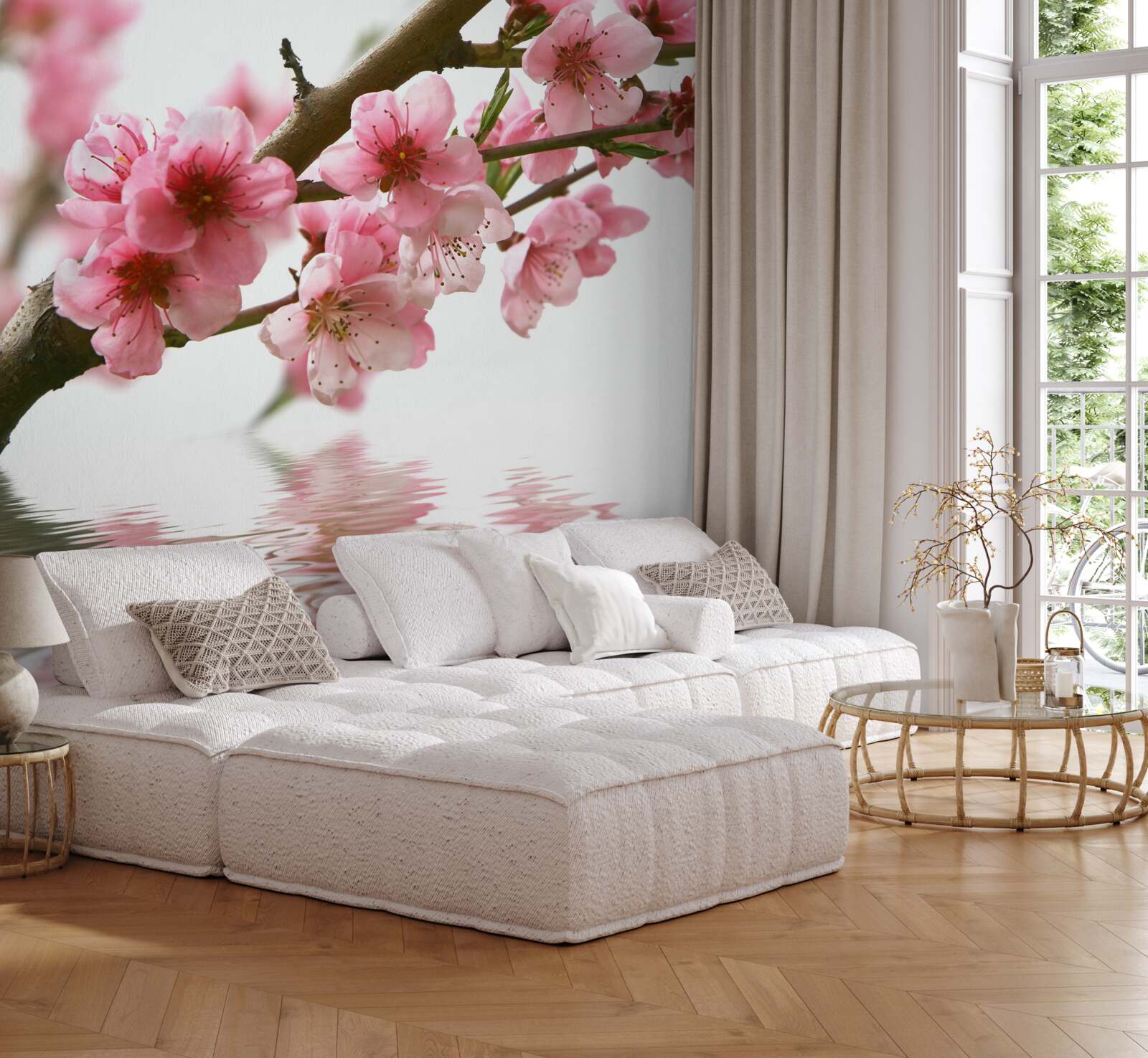 Carta da parati ramo di sakura rosa sospeso sull'acqua
