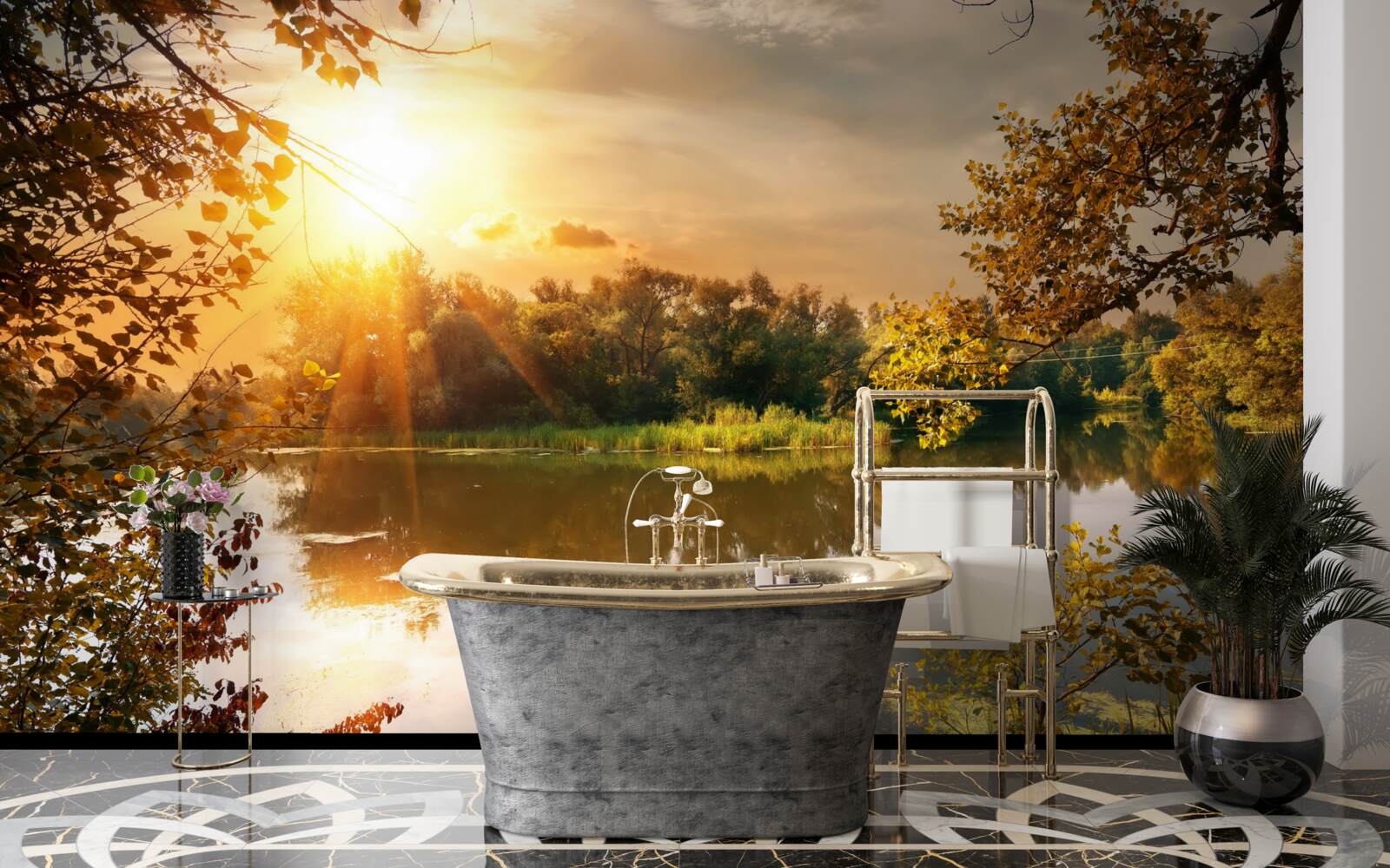 Carta da parati il sole su un lago in cui nuota un cigno