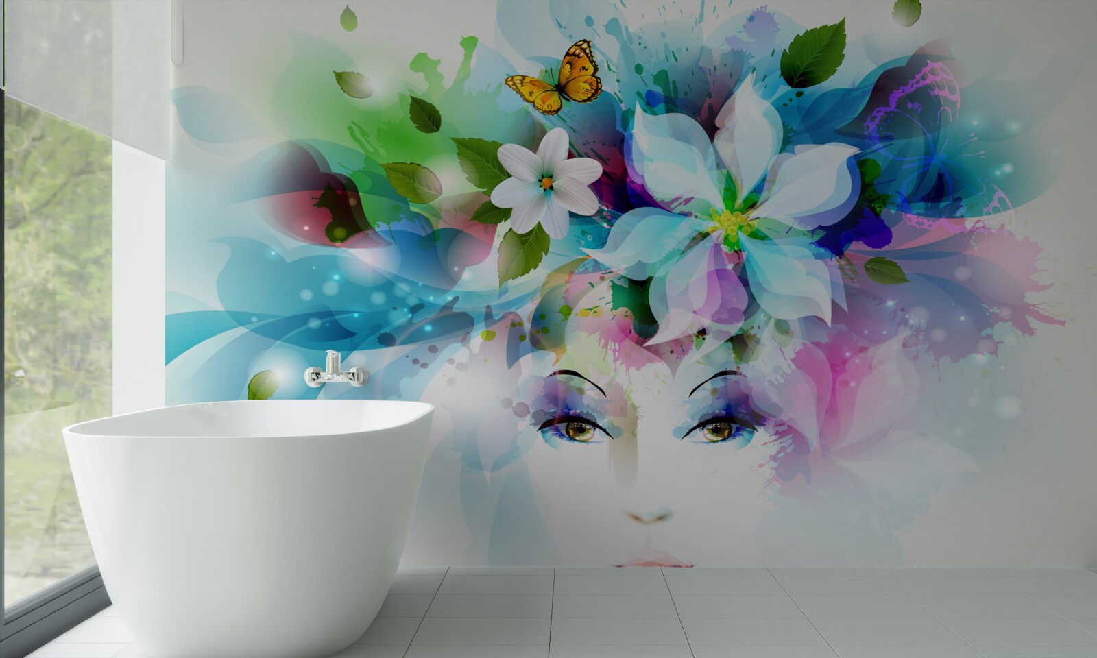 Carta da parati ragazza con fiori tra i capelli, che rappresenta un'astrazione