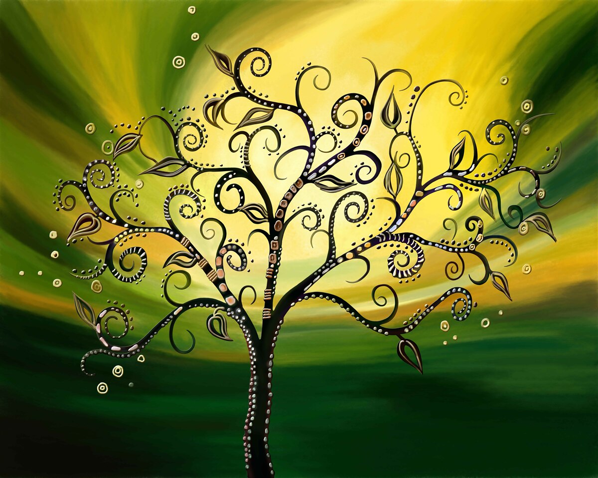 Carta da parati albero con disegni su un cielo verde al tramonto