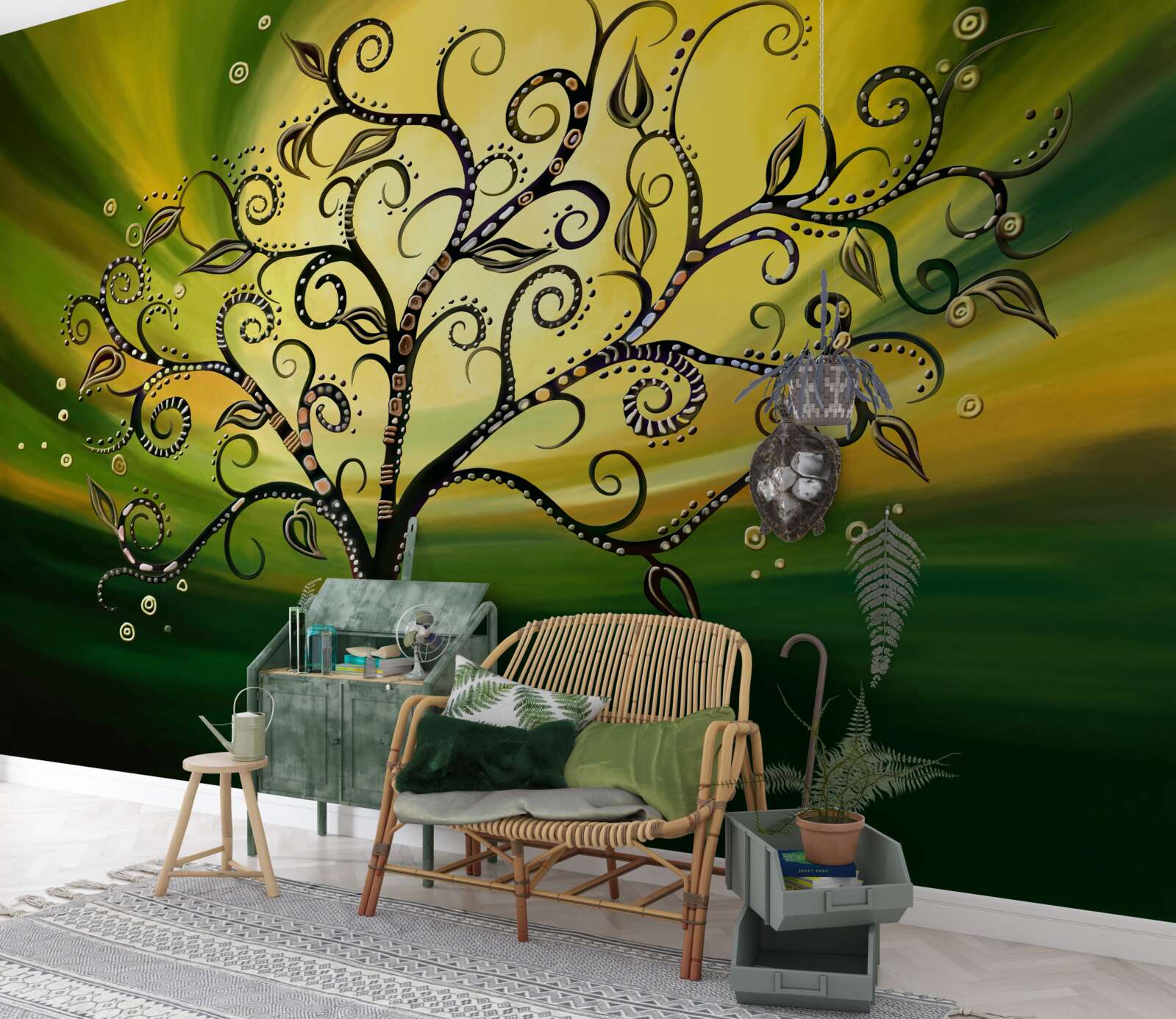 Carta da parati albero con disegni su un cielo verde al tramonto