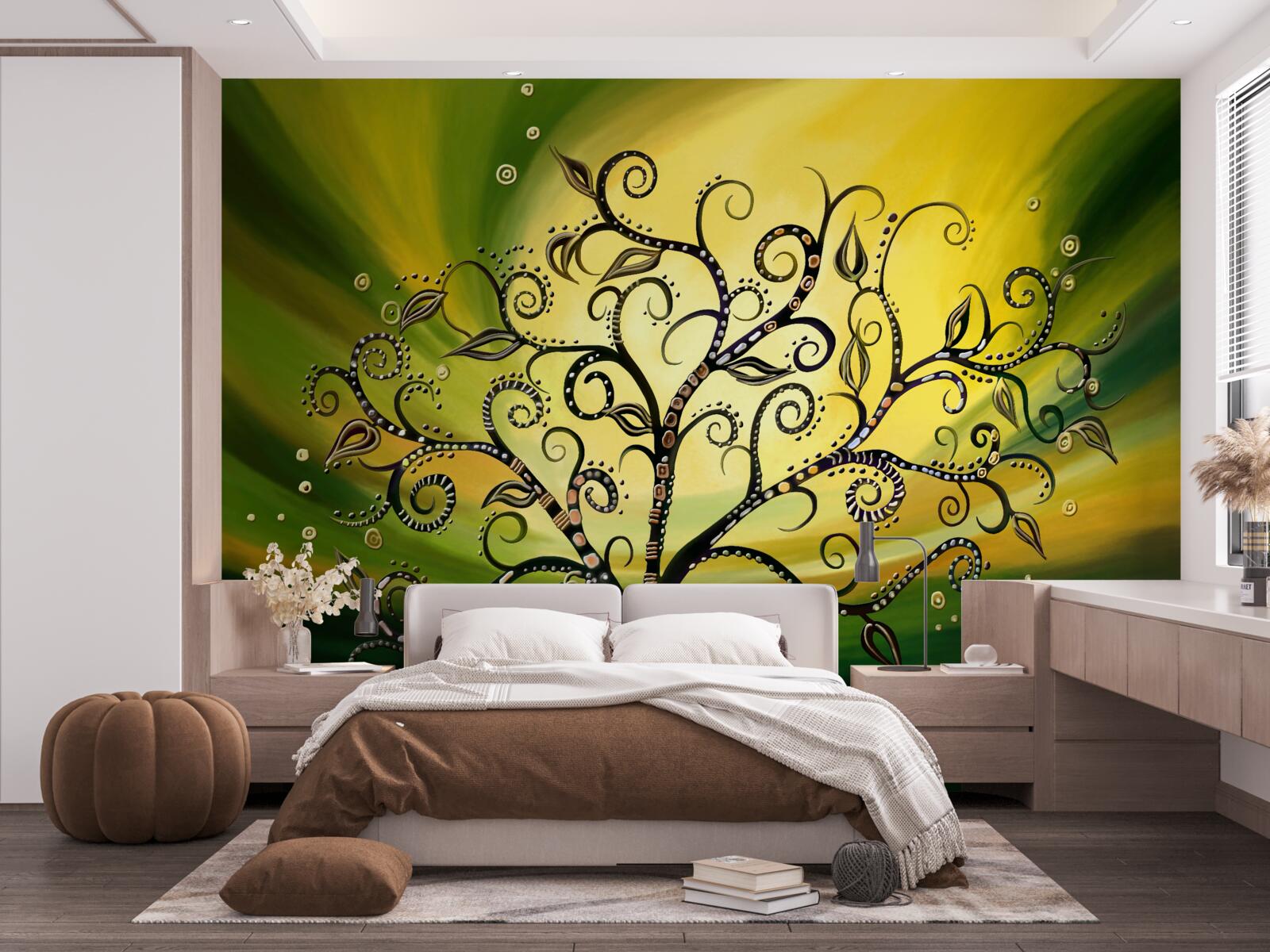 Carta da parati albero con disegni su un cielo verde al tramonto