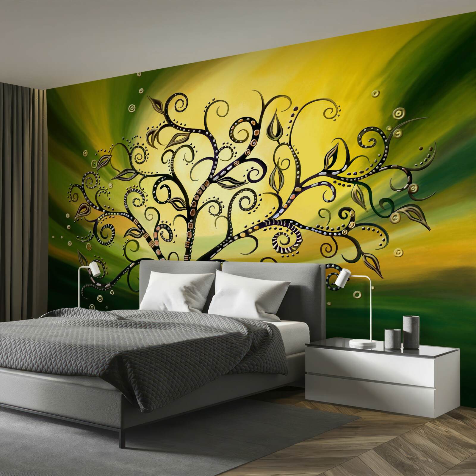 Carta da parati albero con disegni su un cielo verde al tramonto