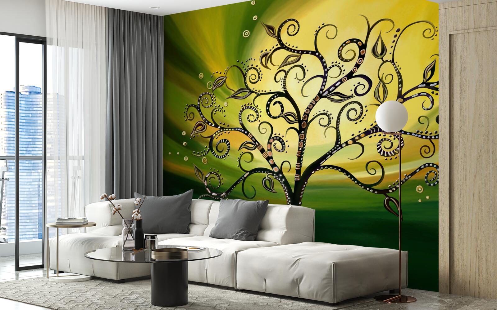 Carta da parati albero con disegni su un cielo verde al tramonto