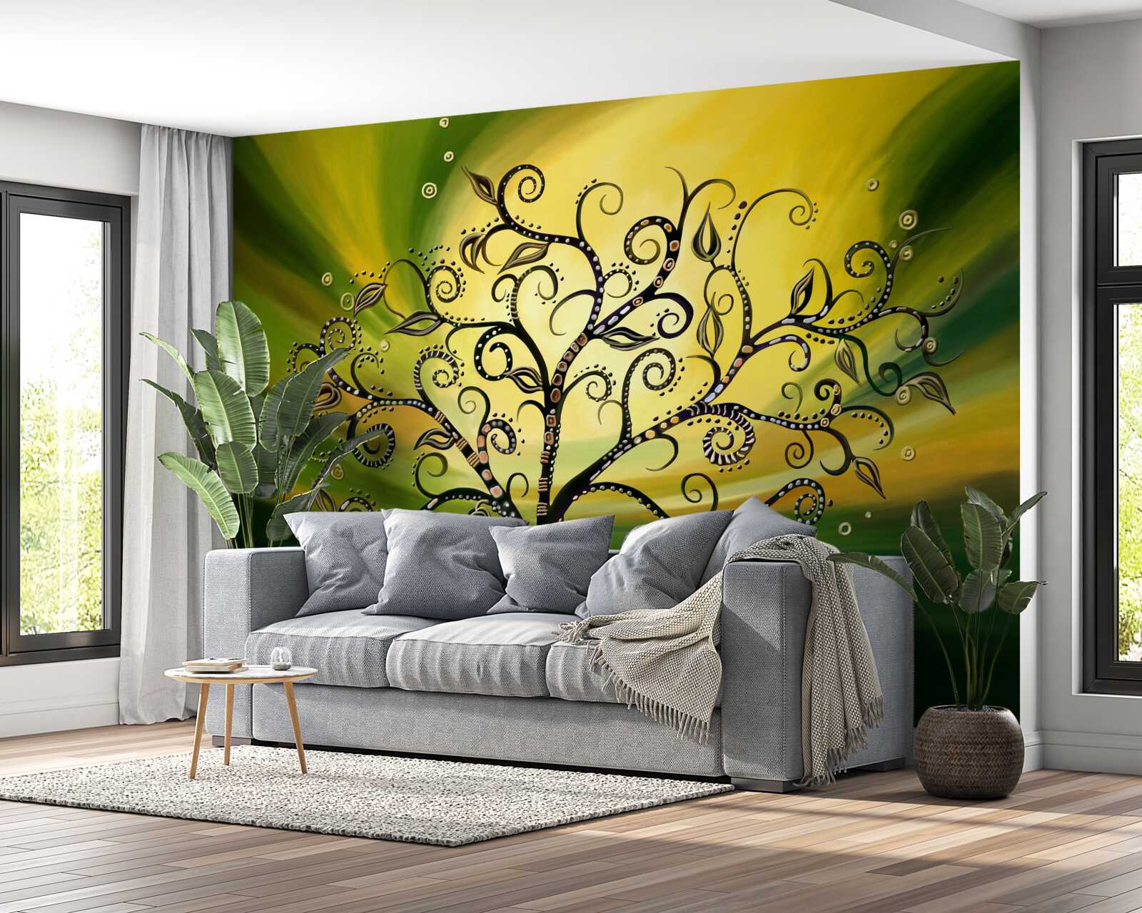Carta da parati albero con disegni su un cielo verde al tramonto