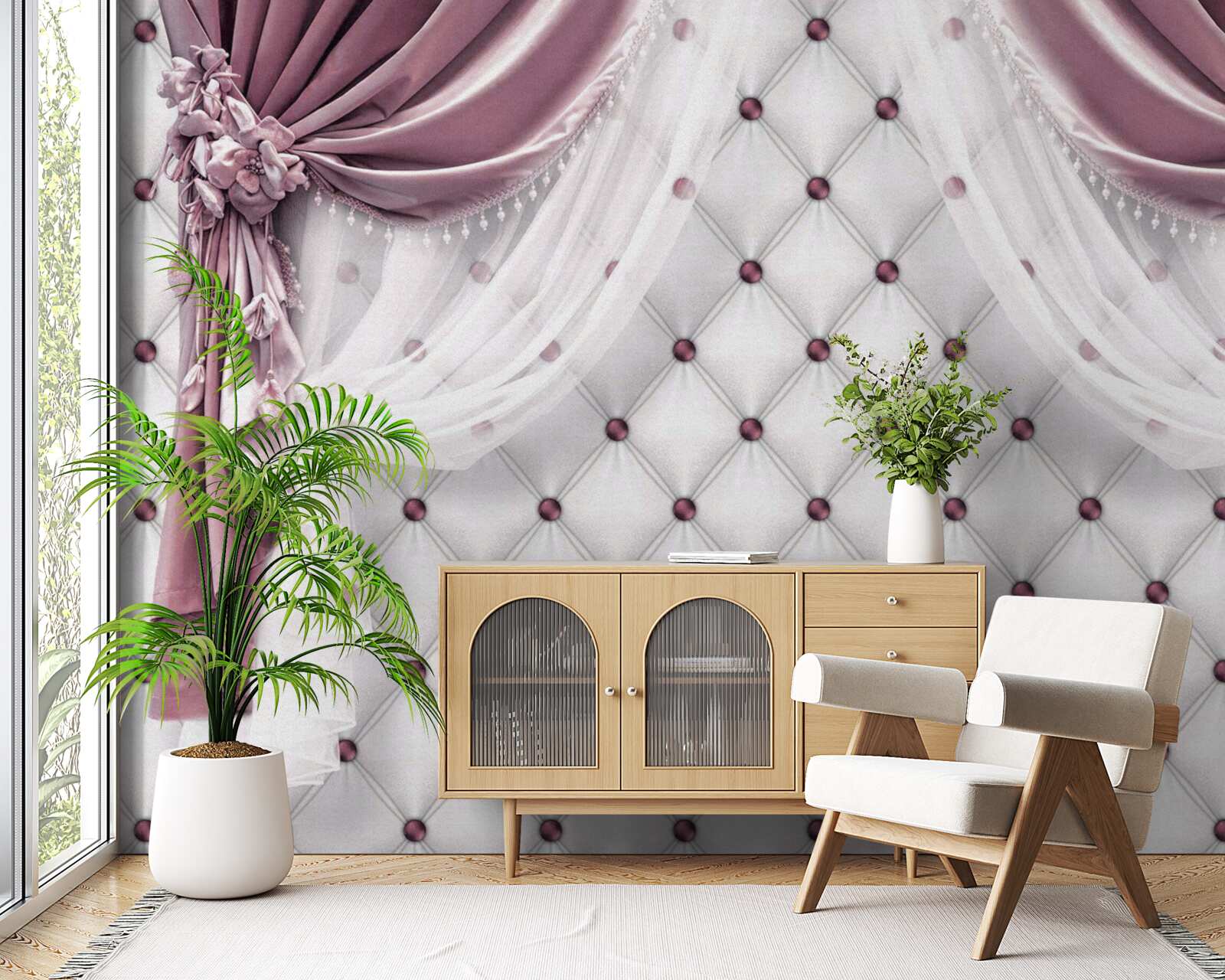 Carta da parati eleganti cornici e toni bianchi perlati