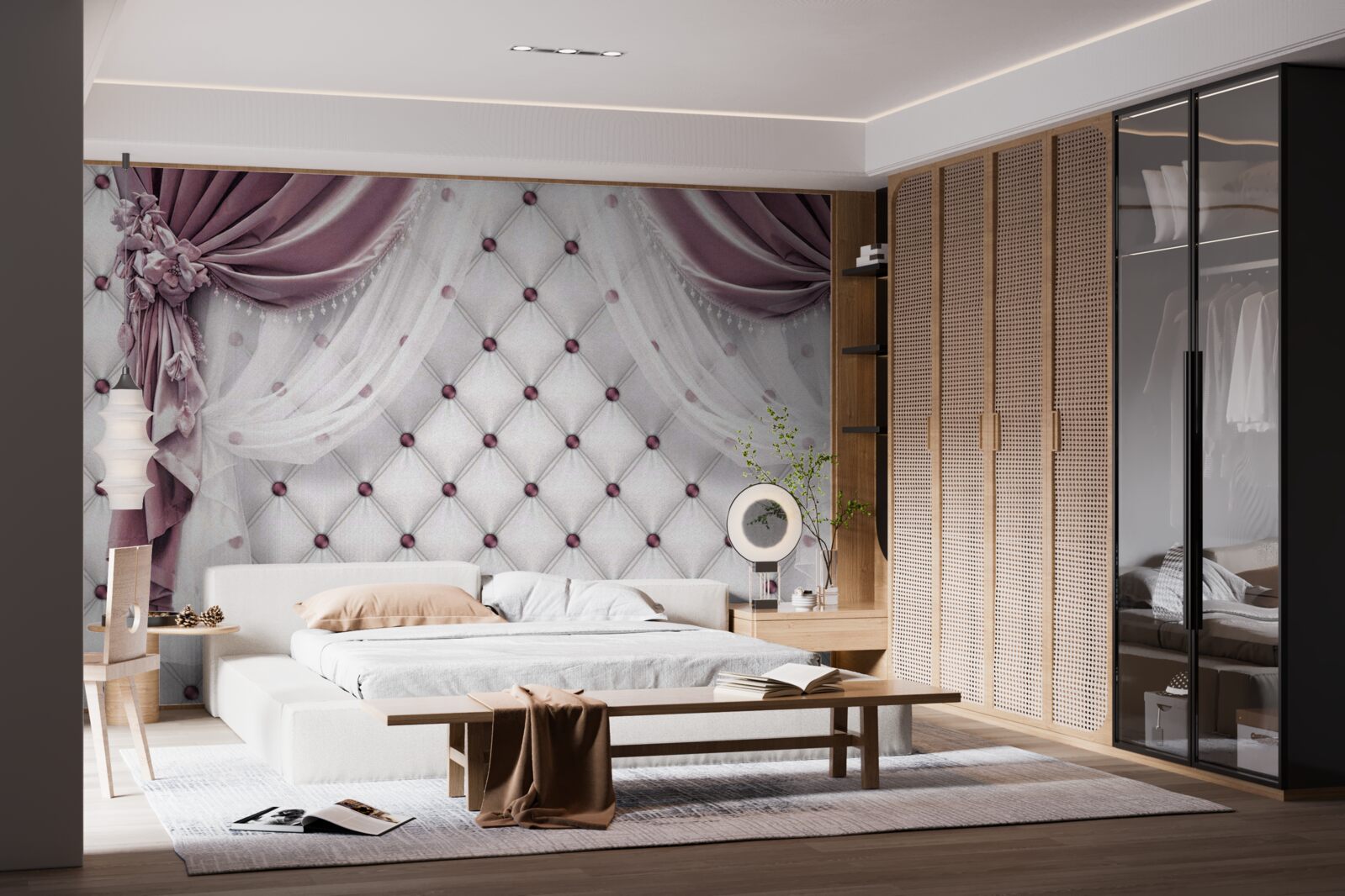 Carta da parati eleganti cornici e toni bianchi perlati