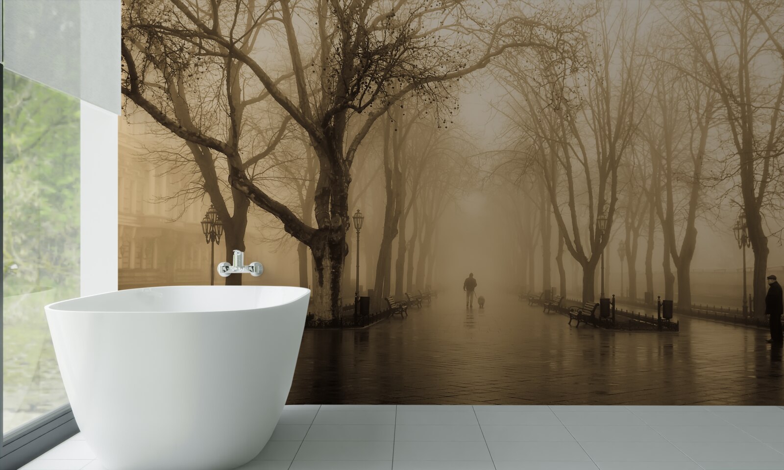Carta da parati il viale è pieno di pioggia e nebbia