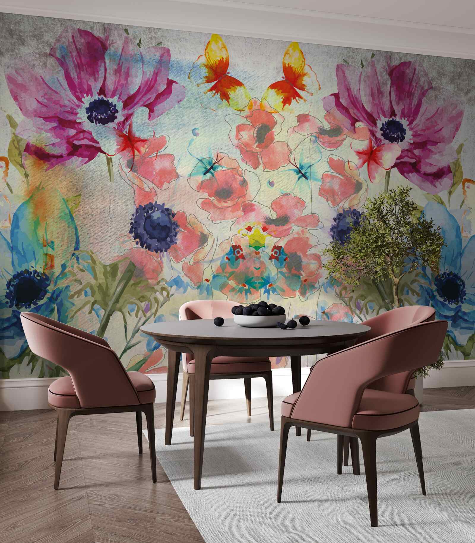 Carta da parati fiori dipinti in varie tonalità di acquerello