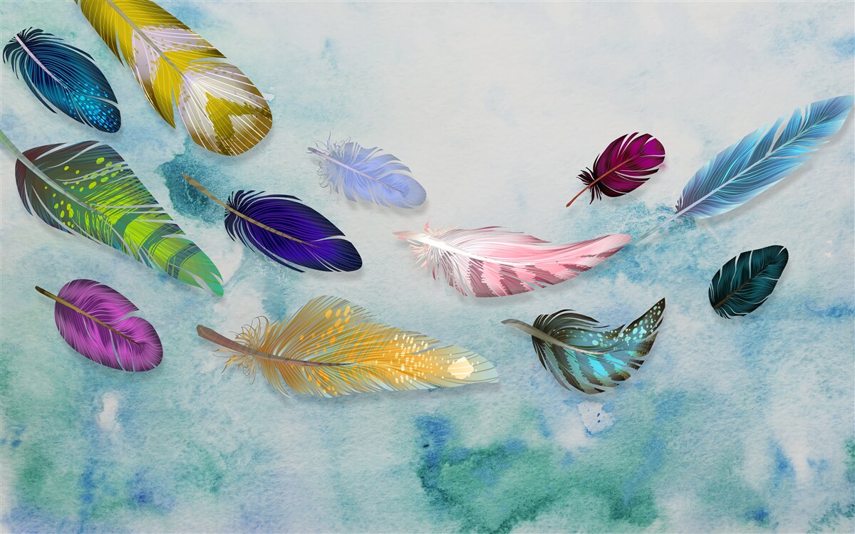 Carta da parati piume di varie forme e sfumature fluttuano nell'aria