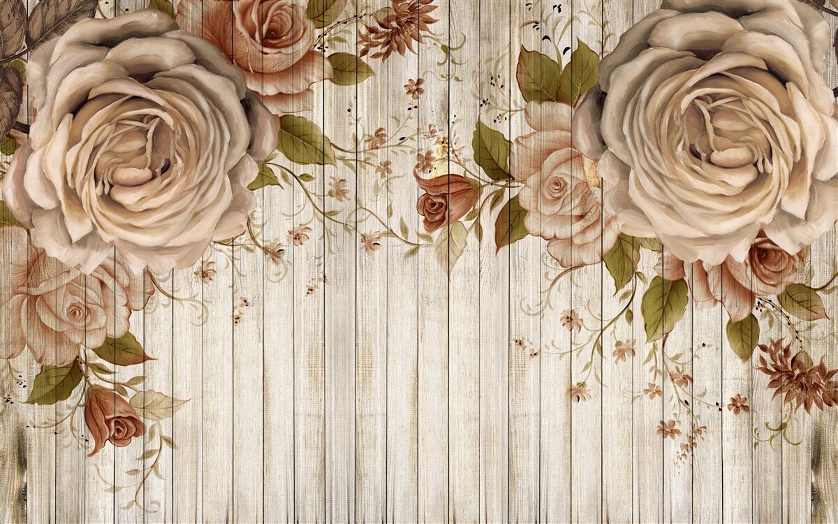 Carta da parati Rose fresche in delicate tonalità crema su un pavimento di parquet chiaro