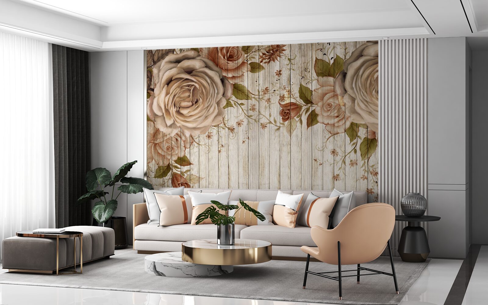 Carta da parati Rose fresche in delicate tonalità crema su un pavimento di parquet chiaro