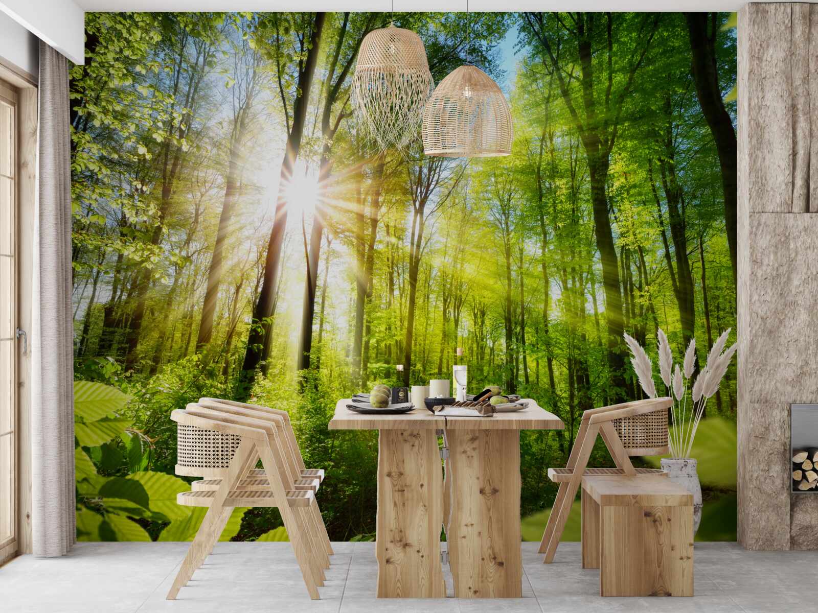 Carta da parati sole mattutino in una foresta verde