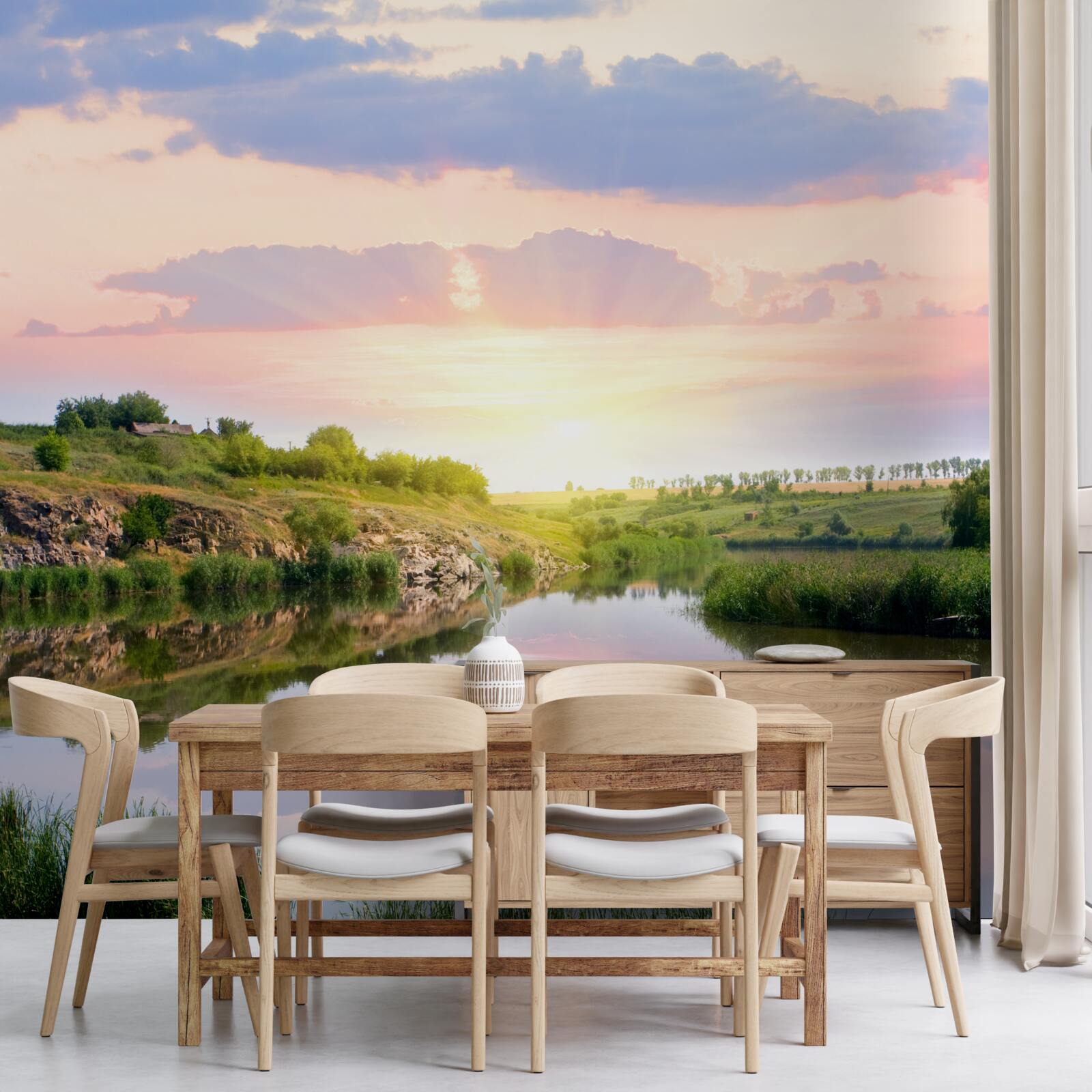 Carta da parati terrazza confortevole su un lago tranquillo
