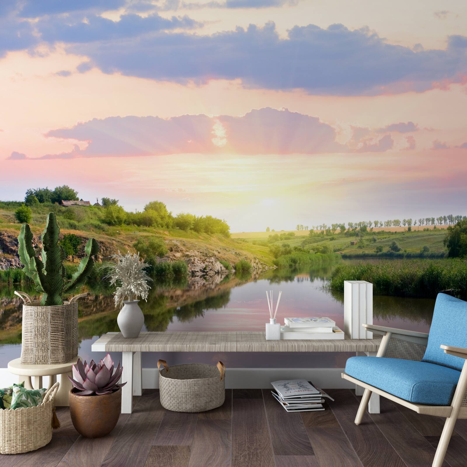 Carta da parati terrazza confortevole su un lago tranquillo