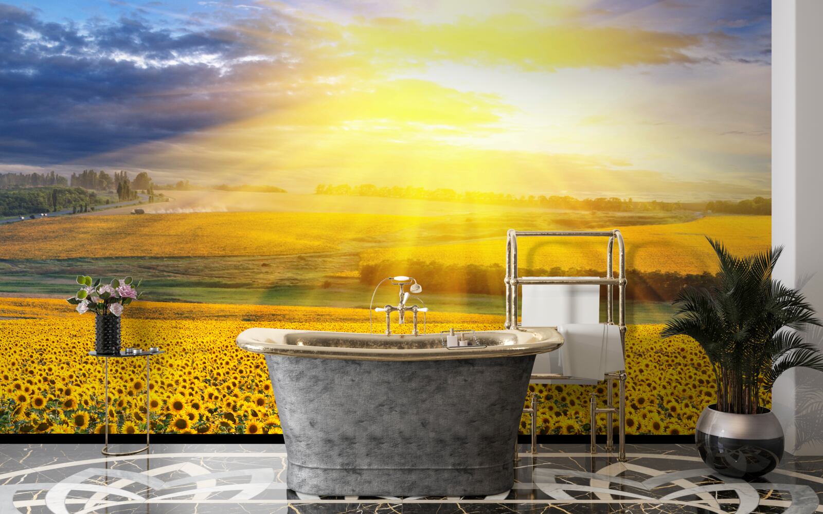 Carta da parati il sole è pieno di luminosità su un campo di rigogliosi girasoli
