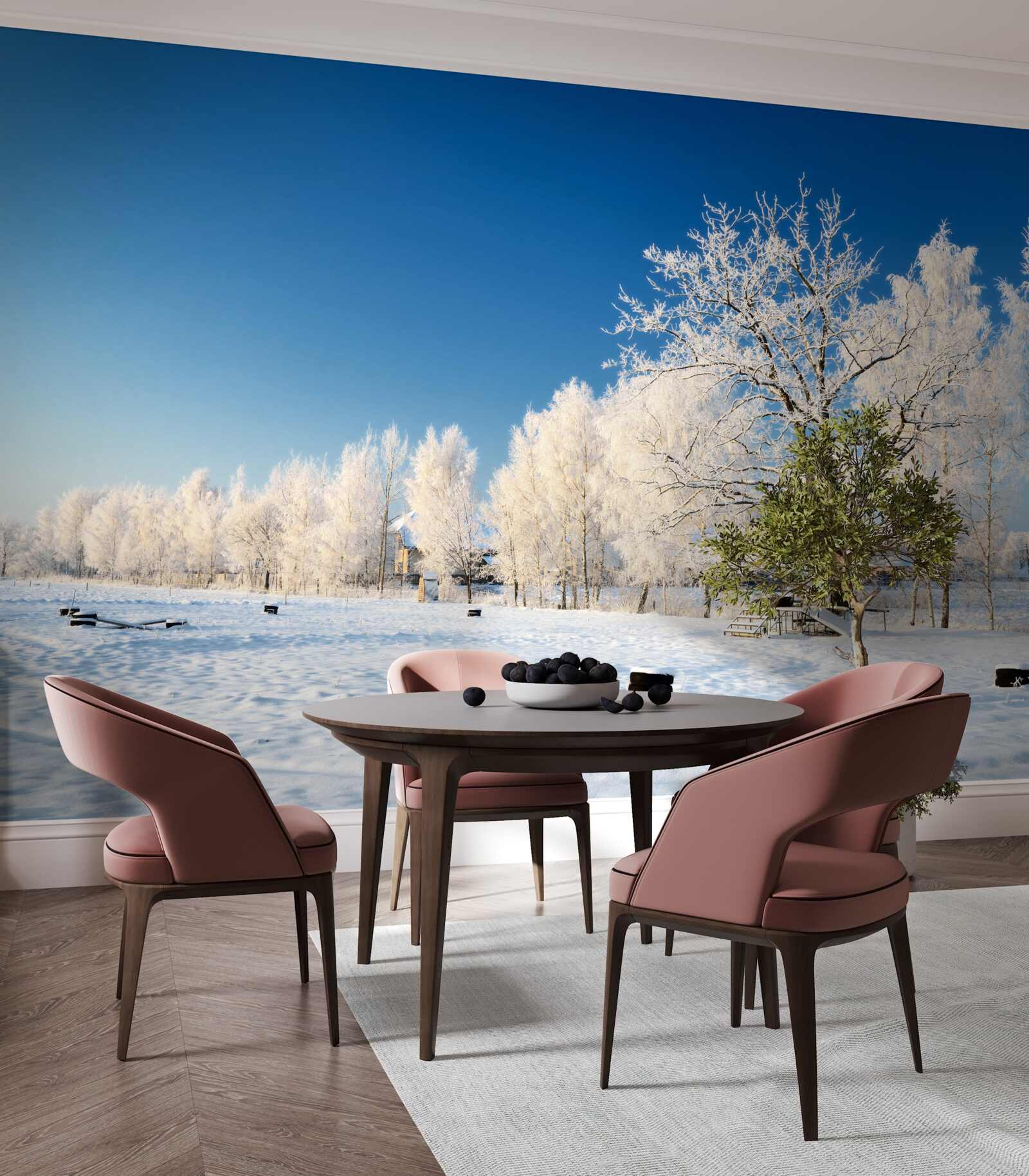 Carta da parati inverno da favola sullo sfondo di un cielo azzurro